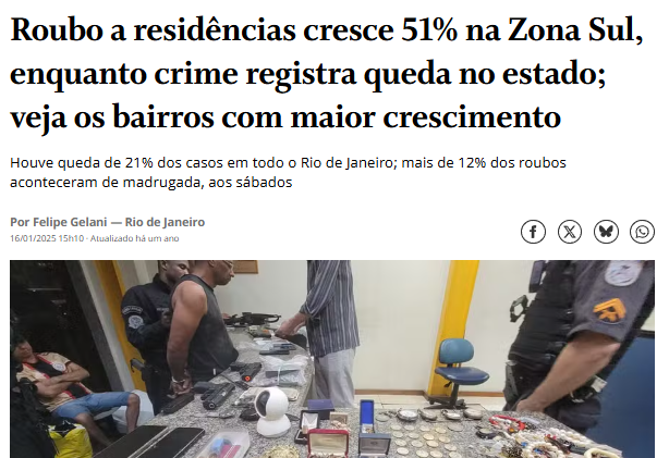 Notícia sobre roubos em residências